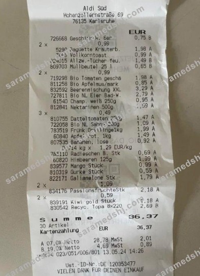 Germany Aldi Sud supermarket payment receipt